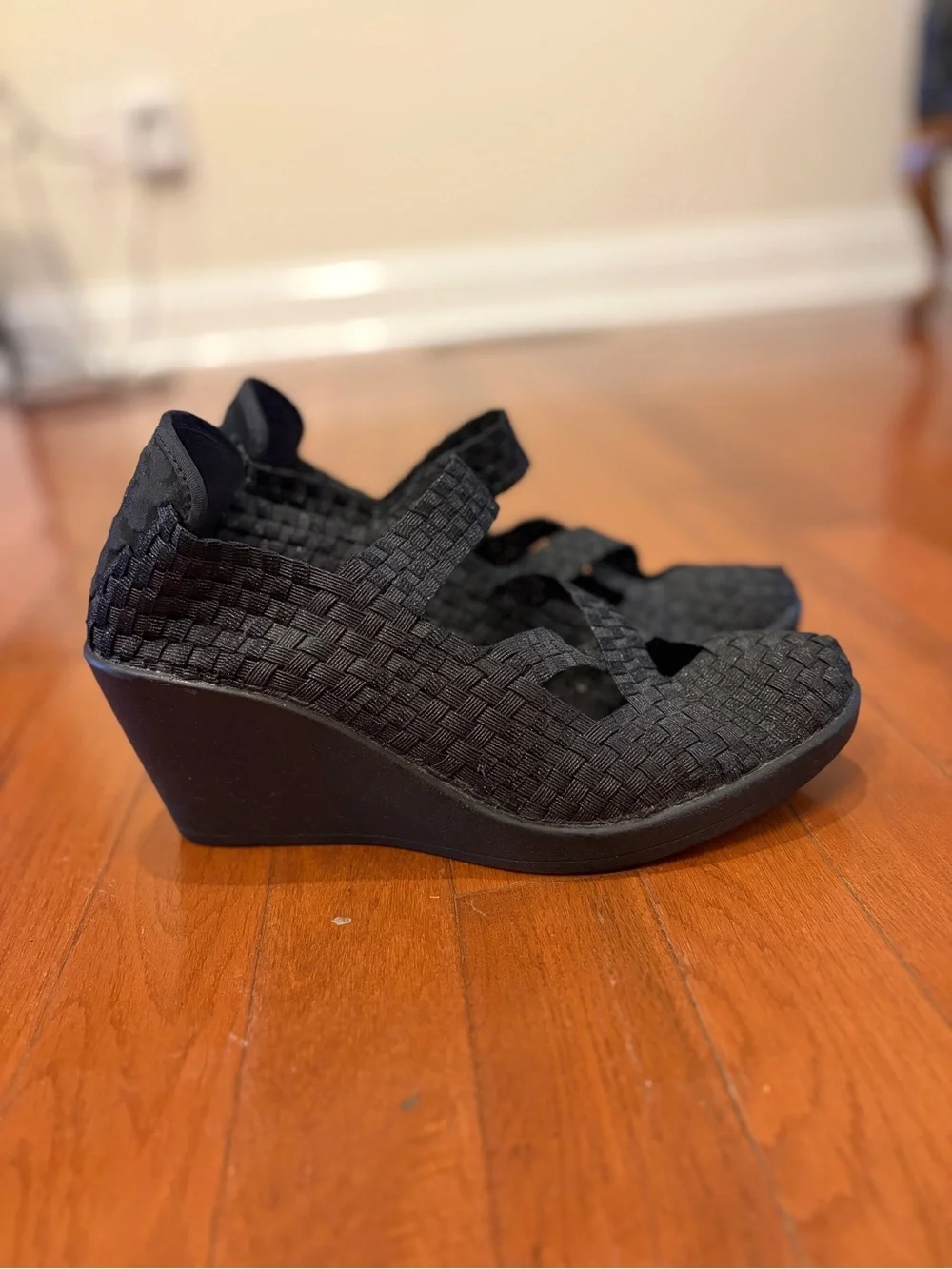 Steve Madden | Women's “Maryane” Black Woven Wedge Sandals - Comfort Style